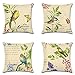 Artscope Zestaw 4 dekoracyjnych poszewek na poduszki 45 x 45 cm, zielone kwiaty i ptaki, wodoodporne poszewki na poduszki, idealne na zewnątrz, patio, ogród, ławka, salon, sofa, dom wiejski, wystrój