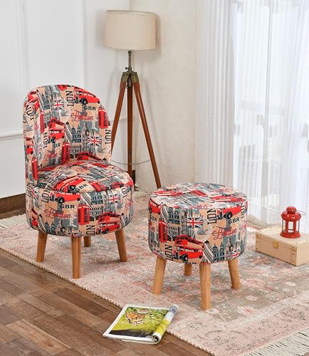 Image of NACIA Velvet Printed Ottoman Chair with Stool Combo | Dressing Table Chair for Bedroom Makeup Room Decor | Modern Upholstered Ottoman with Wooden Legs for Living Room & Home (18x18x32 Inches, London)