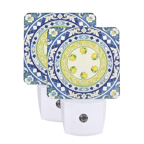 Image of Lemon Yellow Summer LED Plug-in Night Lamp 2 Piece Set, Auto Sensor Nightlights Set of 2 for Bedroom Bathroom Stairs