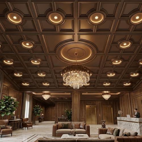 Image of Kayra Decor PVC Ceiling Panel 60x60 cm|Regal Medallion Design|Metallic Coffee|25 Tiles Cover 100 Sq Ft| Modern False Ceiling|Royal & Elegant Finish