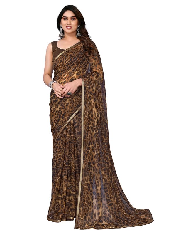 Satrani Women's Chiffon Animal Print & Lace Saree With Unstitched Blouse Piece (3296S573Na_Dark Brown2)