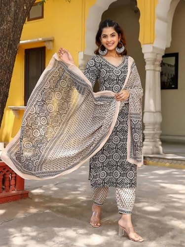 Image of Tee Projekt Women's Cotton Blend V Neck Kurta Pant with Dupatta Set ll Casual Wear Women