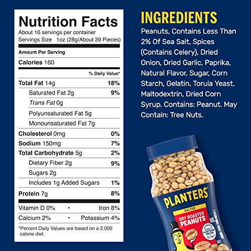 Planters Salted Dry Roasted Peanuts, Party Snacks, Plant Based Protein 16Oz (1 Jar) #TOP1