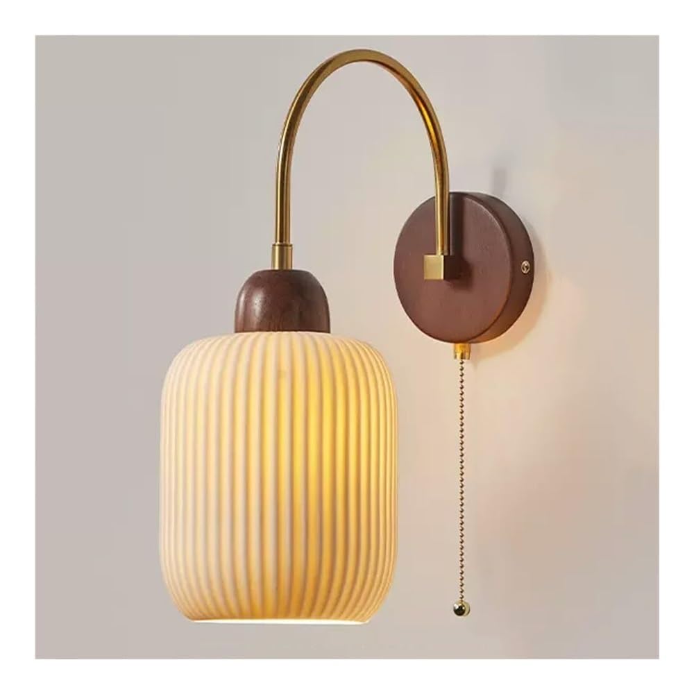 OZBMA Vintage Gold Gooseneck Wall Lamp White Ceramics Light Antique Wood Sconce with Pull Chain Switch for Bedroom Bathroom Living Room(17cm/6.7in) (size_name 17cm/6.7in)