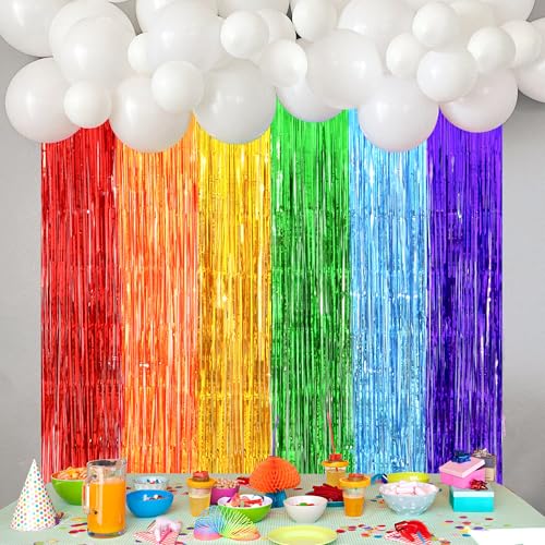Image of Rainbow Party Decorations, Thicken 2 Pack 3.2 x 8.2 FT Pride Decorations Streamers Foil Fringe Backdrop Curtains for Kindergarten Preschool Graduation Decorations