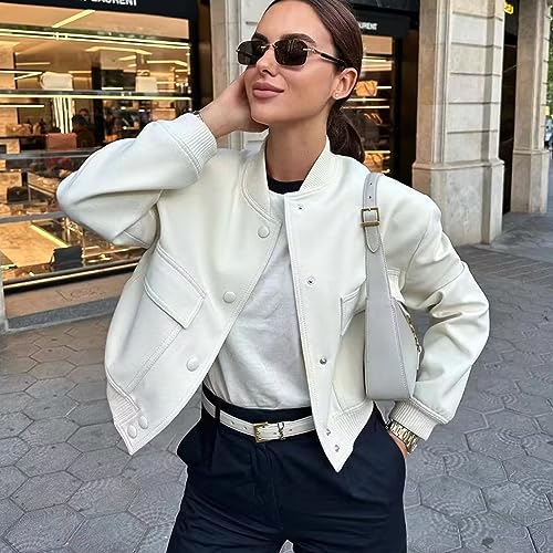 Bozanly Women's Stand Collar Button Down Cropped Shacket Jacket Solid Color Varsity Bomber Jackets 20254