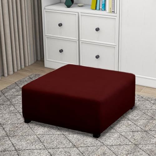 Image of PureFit Super Stretch Form Fit Square Ottoman Cover Rectangle - Ottoman Slipcovers for Foot Stool & Folding Storage Furniture for Living Room with Nonslip Elastic Bottom (Medium-XL, Wine)