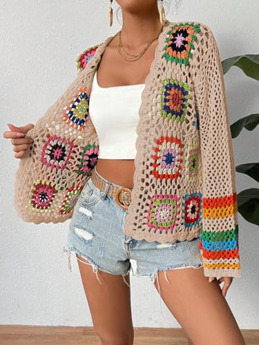 Image of SHENHE Women's Floral Crochet Cardigan Hollow Out Open Front Long Sleeve Cardigan Sweater