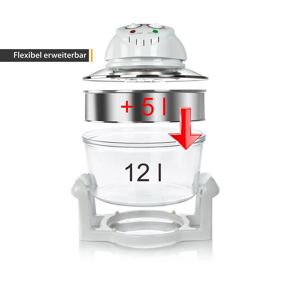 TZS First Austria - Halogenofen 1200-1400W aus Glas & Edelstahl - Minibackofen mit Umluftfunktion & Zubehör, Temperaturbereich: 65-250°C - Halogen Ofen Mini Backofen 12-17L Kapazität & 60 Min. Timer