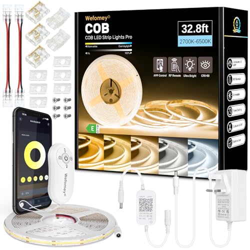 COB LED Strip 10m Dimmable 2700K-6500K High Bright Dotless LED Tape Light with Remote and APP Control 6080LEDs DC24V CRI>90 8mm Width Warm White to Cool White LED Strip Lights for Bedroom