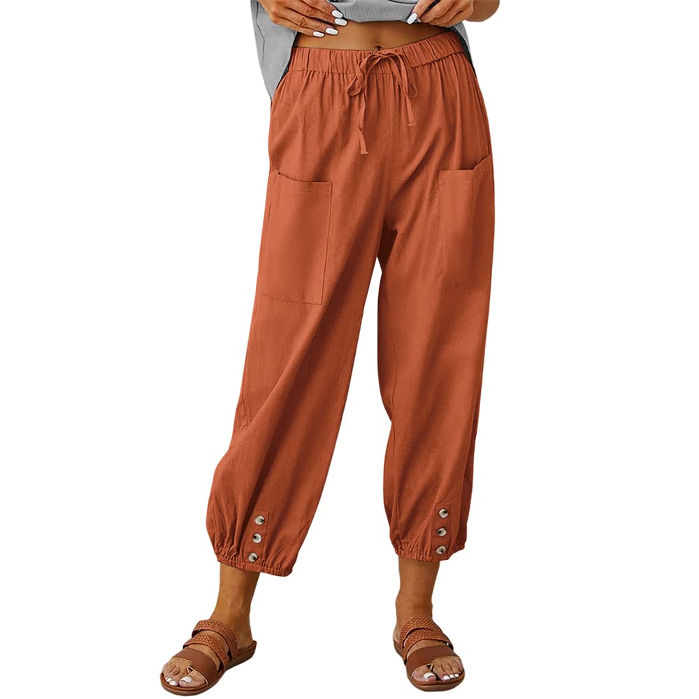 Akivide Womens High Waist Drawstring Cotton Linen Pants with 2 Pockets Straight Wide Leg Capri Cropped Trouser for