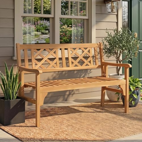 Image of Giantex 4 Ft Foldable Outdoor Bench, Acacia Wood Outside Loveseat with Curved Backrest and Armrest, 705Lbs Weight Capacity, Garden Bench for Patio, Park, Porch, Balcony