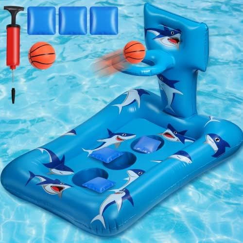 Pool Shark Cornhole and Basketball Toys for Kids,Inflatable Swimming Pool Toys for Adults Family,3 Bean Bags Toss Game 1 Pool Basketball,for Kids Adults Family for Pool Party Water Carnival,Water Toy