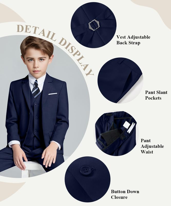 Image of Visaccy Boys Formal Suit Slim Fit Tuxedo Suits for Kids Ring Bearer Outfit | Toddler Boy Suits Set,Adjustable Waist,Dress Clothes
