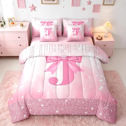 Image of Feelyou Kids Pink Bowknot Bed in A Bag Queen Size, Personalized Initial J Comforter Set with Sheets Princess Glitter 7 Pieces Bedding Set Boys Girls Bow Alphabet Teens Bed Set Bedroom Decor 7Pcs