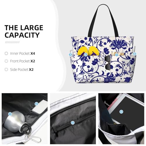 Blue And White Porcelain Pattern Print Beach Pool Bags Tote For Women Ladies Large Gym Tote Carry On Bag For Weekender Travel Waterproof3