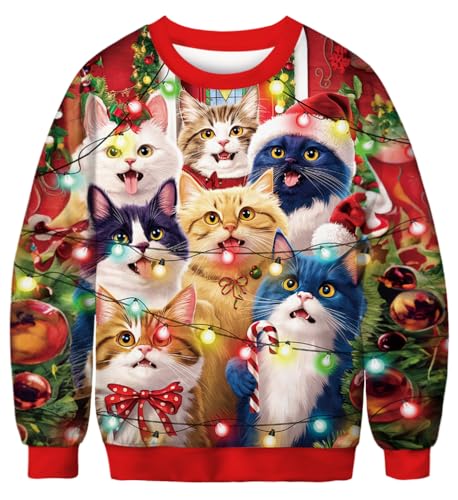 Ainuno Ugly Christmas Sweaters for Men Women 2025 Funny Holiday Sweatshirt Igly Xmas Sweater Shirt Crewneck Christmas Cat Sweater,M
