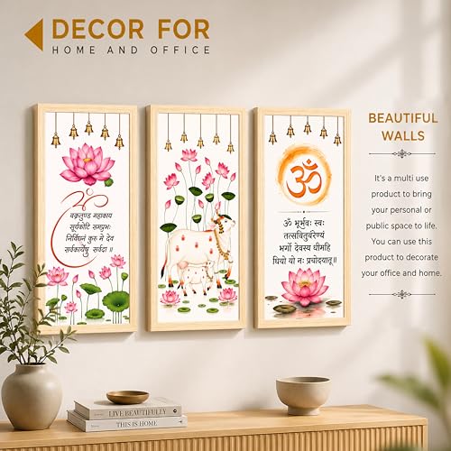 Image of Pichwai Wall Art Painting With Mantra Set of 3 Framed Posters for Living Room, cow & Lotus Painting, Vastu Wall Art Home Decor for Livingroom, Bedroom, Hallways, Office, Hotel (Size-24x48 cm)