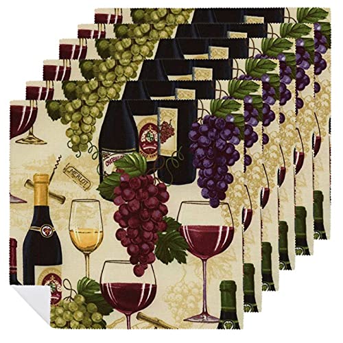 Wine Bottle and Grape Cloth Dinner Napkins Soft Durable Napkins Set for Everyday Use 6 PCS
