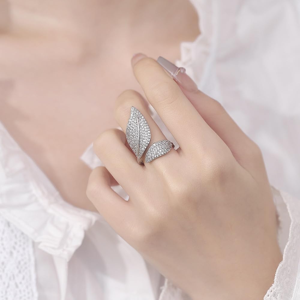 Kokoma Leaf Ring for Women Cubic Zirconia Silver Plated Ring Adjustable Nature Inspired Leaf Wrap Rings Daily Wear Stackable Fashion Jewelry - Image 2