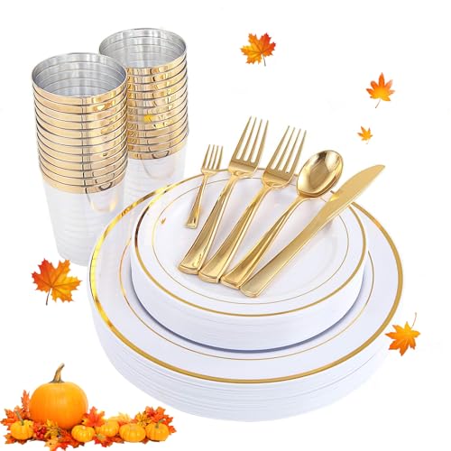 WDF 25Guest Gold Plastic Plates - Heavy Duty Fall Plastic Plates Dinnerware - Include 25 Dinner Plate 25 Salad Plates 50 Forks 25 Knives 25 Spoons 25 Cups 25 Mini Forks for Thanksgiving