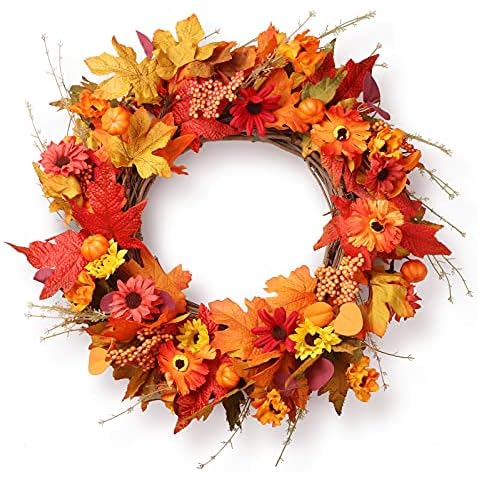 PONATIA 20‘’ Fall Wreaths for Front Door - Autumn Fall Wreath for Front Door Outside Ideal, Pumpkin Wreath for Thanksgiving Day, Burnt Orange Flowers Wreath Cover