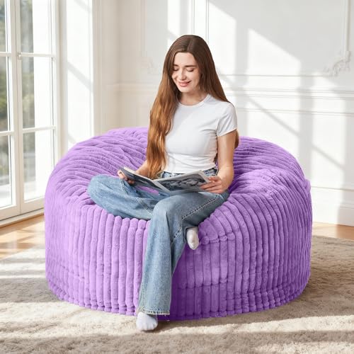 HABUTWAY 3FT Bean Bag Chair, 3' Large Bean Bag Chairs for Adults with Stripe Plush Cover, Memory Foam Beanbag Chair for Living Room Bedroom Dorm，Purple