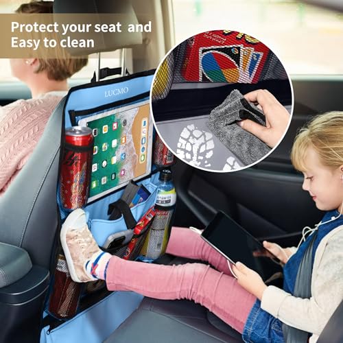 Image of LUCMO Car Backseat Organizer with Touch Screen Tablet Holder, Light Blue | 2 Pcs,9 Storage Pockets,Clear Tablet Holder,Protectors Kick Mats,Travel Accessories,Seat Cover,Road Trip Essentials