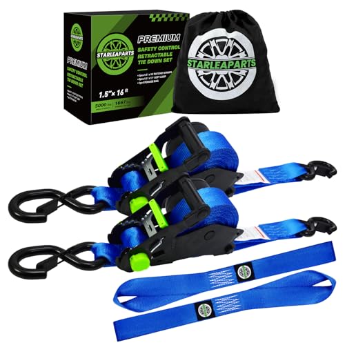 Retractable Ratchet Straps (2pk) -Patented | 1.5 in x 16 ft Heavy Duty Auto Ratchet Straps with Soft Loops | Perfect Automatic Tie Downs for Motorcycle,Kayak and Truck | Break Strength 5,000LBS/2268KG