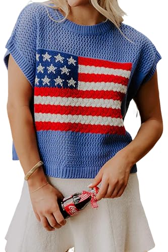KevaMolly Women American Flag Patriotic Knit Sweater Vest Sky Blue XL