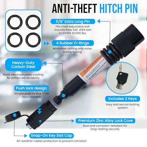 Image of 2 inch Trailer Hitch Pin Lock - 5 /8 inch Locking Receiver Hitch Pins for Class III IV Hitches | Weatherproof Anti-Theft Lockable Pin with Dust, Mud & Gunk Protection | Tow Truck, Boat, Bike