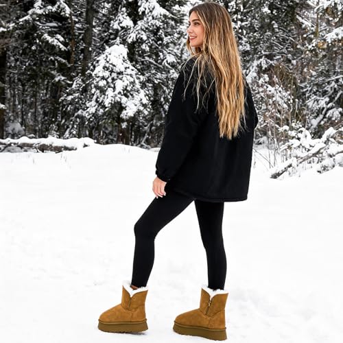Image of THATXUAOV Womens Ankle Winter Boots, Anti-Slip Suede Mini Boot For Women,Side Zipper Platform Slip On Snow Boots With Fur Lining