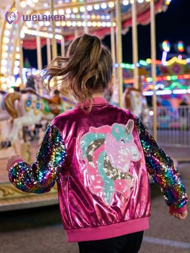 Image of WELAKEN Girls Sequin Sparkle Zip Bomber Jacket | Sequin sleeves, shiny bomber style, ribbed trim, smooth zipper and side pockets for party, dance, school and photos