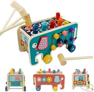 Locisne Wooden Whack-A-Mole Game, Colorful Elephant Car Shape Early Education Montessori Intellectual Toy, Wooden Hammer Percussion Toy, Suitable for Children Aged 3+, Christmas