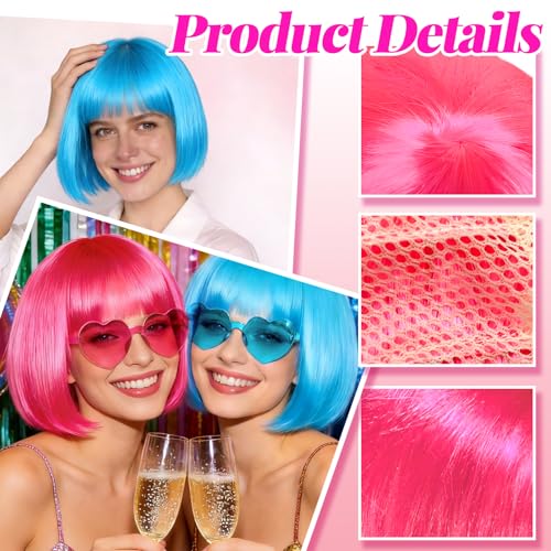 Image of DAJOOEE 2 Pack Party Wigs Wig Cap and Sunglass Set,Short Bob Hair Wigs Straight with Flat Bangs Synthetic Colorful Cosplay Daily Party Neon Wig for Women (Pink Blue)