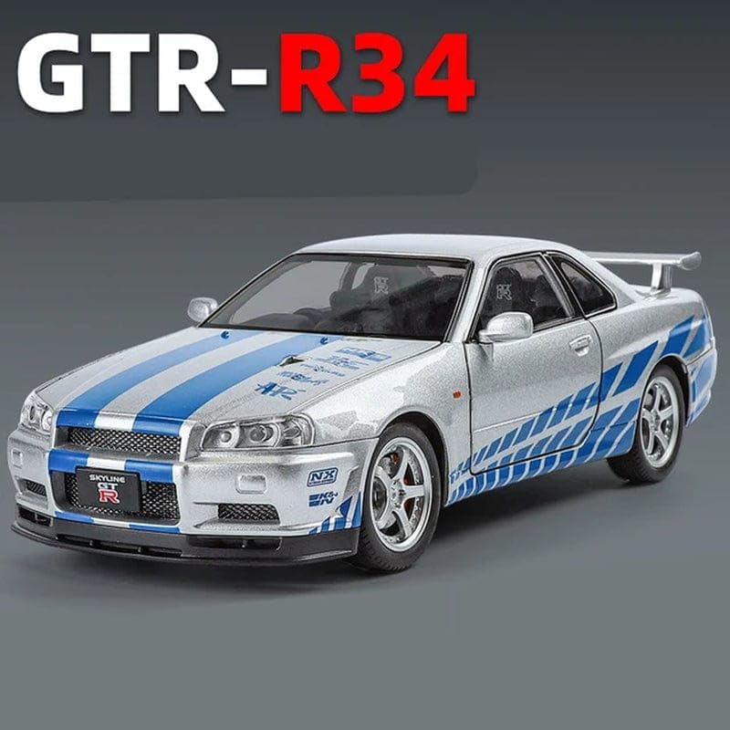 Image of PLUSPOINT Diecast Metal Skyline GTR-R34 P.Walker Edition Sport Car 1:24 Scale Simulation Model Alloy Metal Pull Back Toy car for Kids with Openable Doors & Light, Music Toy Vehicle for Kids, Adults