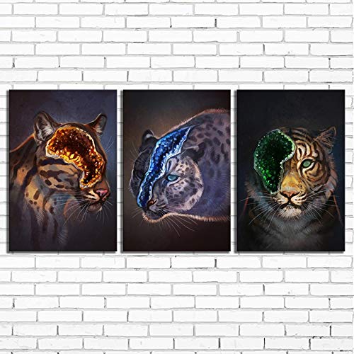 Tableau tigre en 3 pièces pour habiller un mur vide de salon