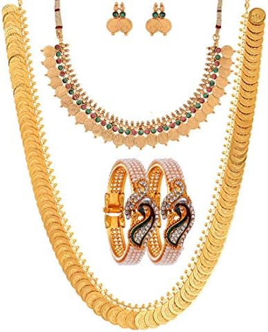 ZENEME Jewellery Set Gold Plated Pearl Studded Bangles Jewelry, Long Maharani Temple Coin Necklace, Short Red Green Necklace Set With Earring Jewellery For Women and Girl