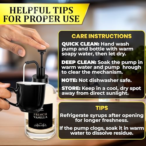 Image of Set of 4 Glass Coffee Syrup Dispenser with Pump 16.9oz 500 ml - 18 Marked Labels - Leak-Proof Glass Syrup Bottles for Coffee Bar, Espresso Station & Barista Setups | Parties & Event Ready (Black)