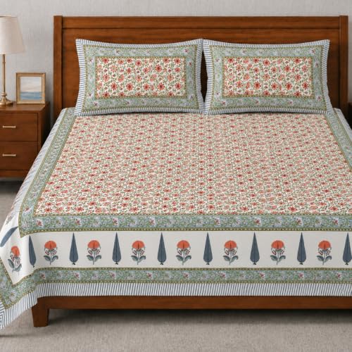 Image of elanorhomes 100% Cotton King Size Bedsheet, 240 TC Soft Breathable Bed Sheet with 2 Pillow Covers, Floral Printed Cotton Bedsheet for Double Bed, Machine Washable, 90x108 inch (Blush Fern)