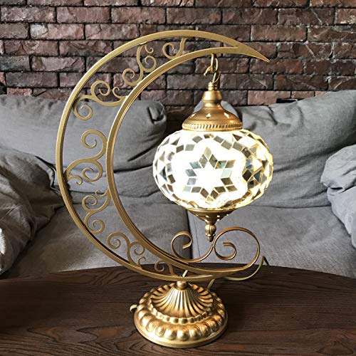 Turkish Lamp COMMODA Stunning Handmade Moon Shape Turkish Moroccan Mosaic Glass Table Desk Bedside Lamp Light Bronze Base Unique Table Lamp Room Decoration (White)