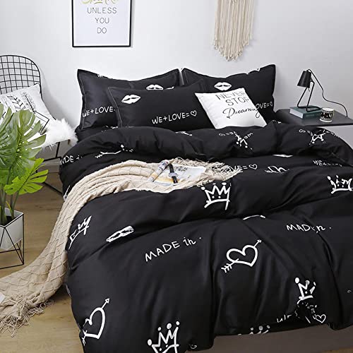 Vefadisa Love Crown Duvet Cover Sets Twin Size Black 4Pcs Reversible Crown Heart Printed Comforter Cover Zipper Closure Microfiber Cotton Bedding Sets For Teens Boys Girls Gift (No Comforter) #TOP4