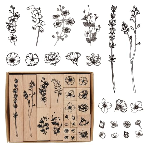 UTMACH 22 Piezas Sellos de Madera y Caucho Vintage de Flores para Estampar, Manualidades, Scrapbooking, Tarjetas, Diarios y Álbumes DIY