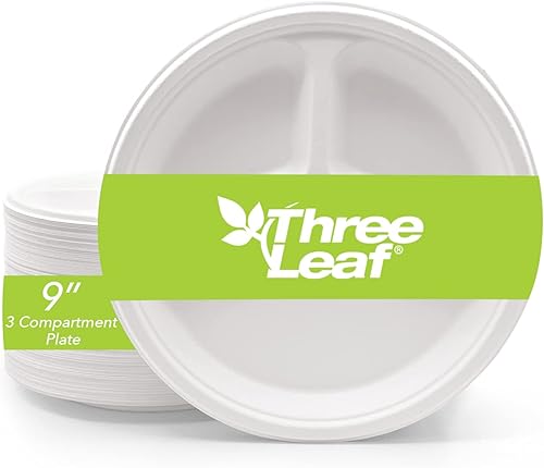 three leaf Plato redondo de bagazo de 9 pulgadas con 3 compartimentos, 50 unidades, platos de bagazo desechables naturales y ecológicos, 100%