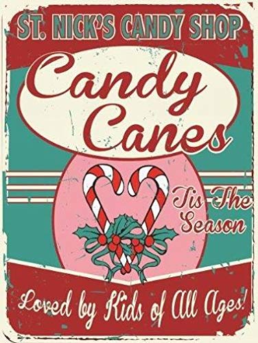 Saint Nicks Candy Shop Metal Sign 8" x 12" Red and White Stripped Candy Canes, Christmas Treats