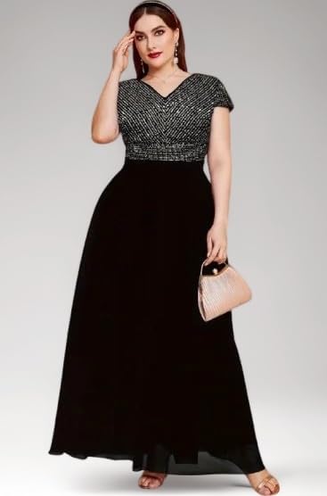 Plus Size Evening Gown, V-Neck Sequin Bodice, Black Maxi Dress with Short Sleeves