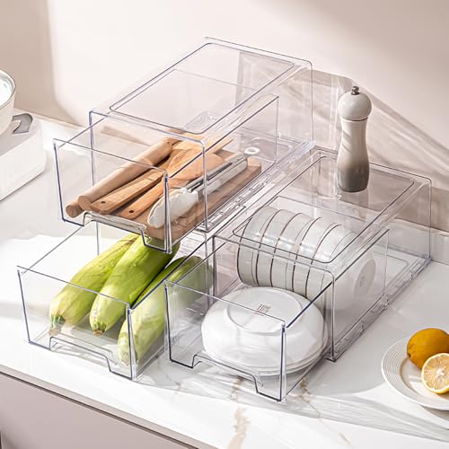 Image of PiJeyiee Clear Stackable Refrigerator Organizers and Storage Drawers - Pull-Out Fridge Bins with Anti-Slip Base & Easy Clean, Plastic Organizers for Kitchen Pantry Cabinet Closet ﻿ (2XL)