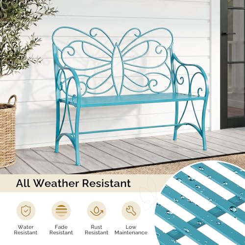 Image of VINGLI 38.7in Cast Iron Outdoor Bench with Cushion, All Weather Resistant Metal Bench with Curved Armrests and Butterfly Pattern Backrest, 1-2 Person Patio Bench for Garden Porch Park Yard (Blue
