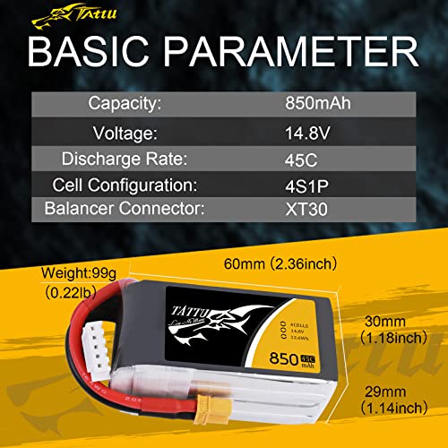 Tattu 14.8V 850Mah 4S 45C Lipo Battery Pack With Xt30 Plug For Fpv 150 Size Vortex 150 Pro #TOP1