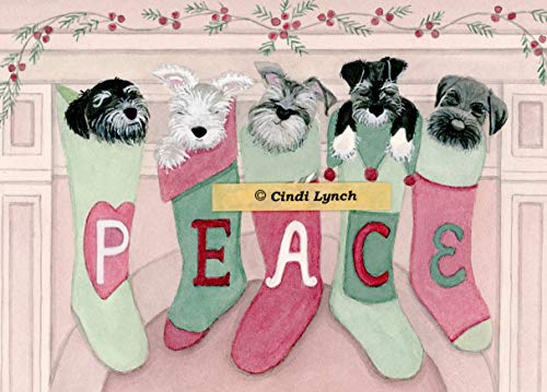 Lynch 12 Christmas cards: Schnauzers hung by the chimney with care folk art